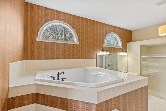full bath with visible vents, a shower stall, tile patterned flooring, and wallpapered walls