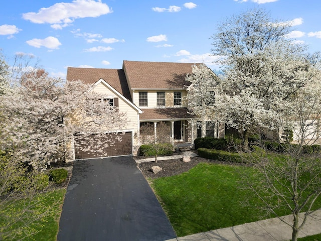 view of front of home with roof with shingles, stone siding, a front lawn, an attached garage, and aphalt driveway