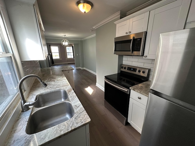 kitchen featuring backsplash, a sink, dark wood-style floors, stainless steel appliances, and ornamental molding