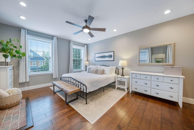 62 Sherman Ave, Columbus, OH 43205 - bedroom with baseboards, dark wood-style flooring, a ceiling fan, and recessed lighting