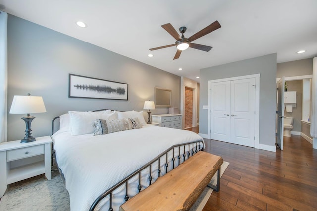 62 Sherman Ave, Columbus, OH 43205 - bedroom with dark wood-type flooring, baseboards, recessed lighting, a closet, and ceiling fan