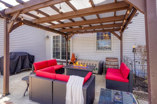 view of patio / terrace featuring grilling area, a pergola, and outdoor lounge area