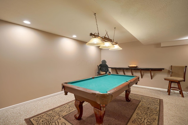 rec room featuring baseboards, billiards, recessed lighting, a textured ceiling, and carpet floors