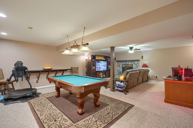 rec room featuring recessed lighting, billiards, light colored carpet, and baseboards
