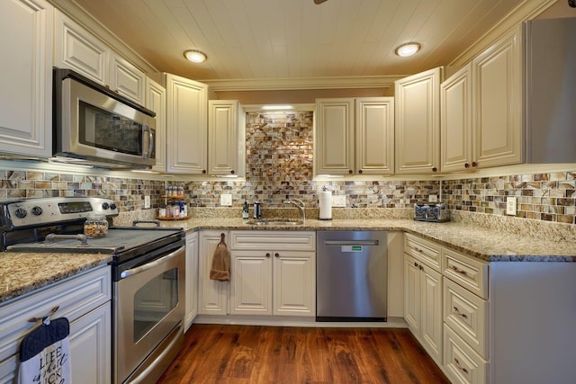 kitchen with stainless steel appliances, wood ceiling, a sink, and backsplash