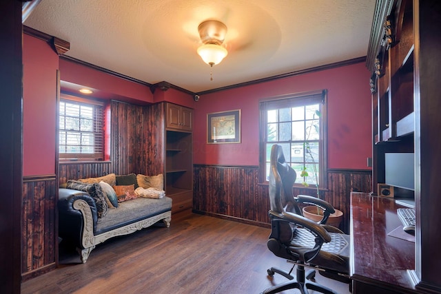 office space featuring wainscoting, a textured ceiling, and a healthy amount of sunlight