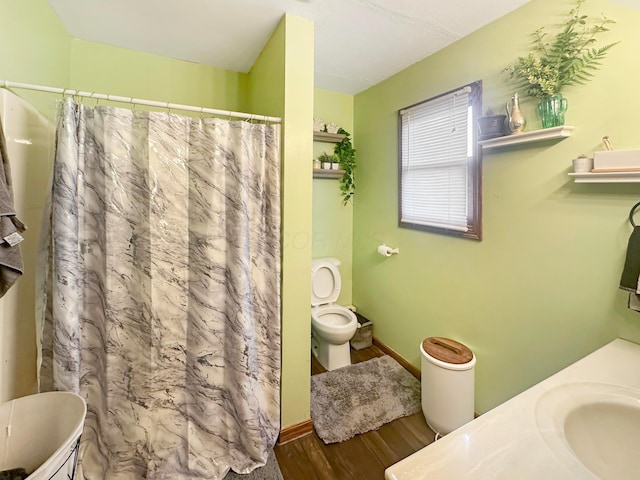 113 Chestnut St SE, Corning, OH 43730 - full bathroom featuring baseboards, toilet, wood finished floors, curtained shower, and a sink