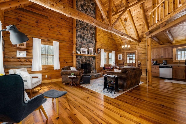 26063 Twin Fls, Rockbridge, OH 43149 - living room featuring light wood-style flooring, wood walls, and a stone fireplace