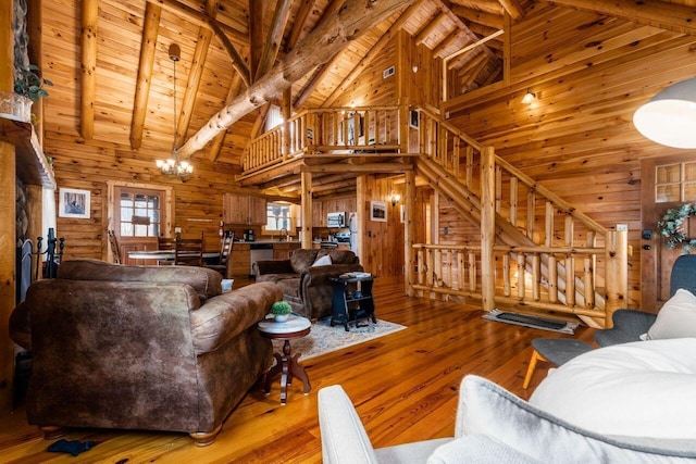 26063 Twin Fls, Rockbridge, OH 43149 - living room featuring wood ceiling, wood-type flooring, wooden walls, and beam ceiling