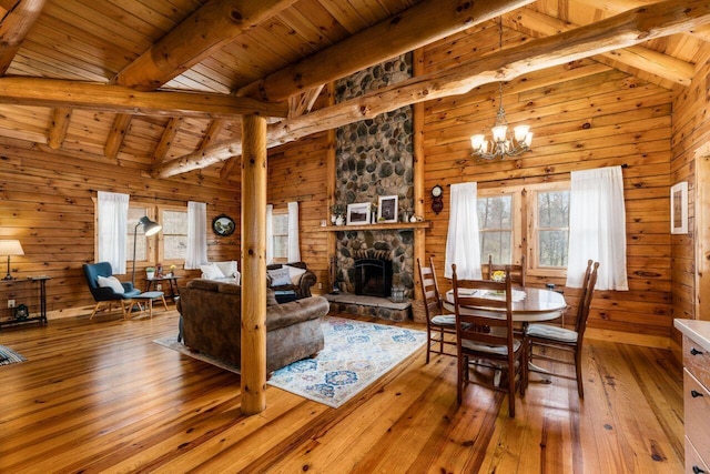 26063 Twin Fls, Rockbridge, OH 43149 - dining room featuring vaulted ceiling with beams, wood walls, wood ceiling, and hardwood / wood-style floors