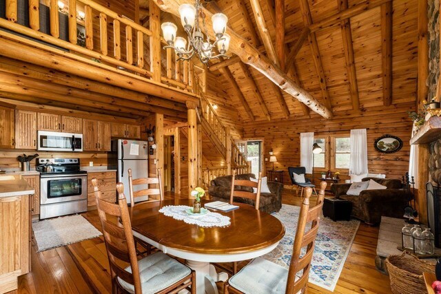 26063 Twin Fls, Rockbridge, OH 43149 - dining area with beamed ceiling, wooden walls, wood ceiling, and hardwood / wood-style floors