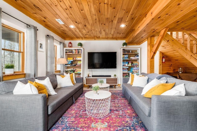 26063 Twin Fls, Rockbridge, OH 43149 - living room featuring wood ceiling, recessed lighting, and visible vents