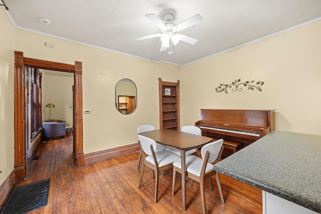 69-71 E 1st Ave, Columbus, OH 43201 - dining area with ceiling fan, ornamental molding, visible vents, hardwood / wood-style floors, and baseboards