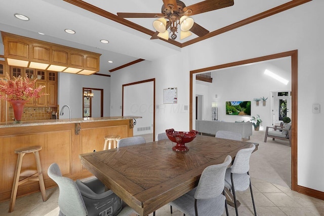 dining room with ornamental molding, recessed lighting, visible vents, and ceiling fan