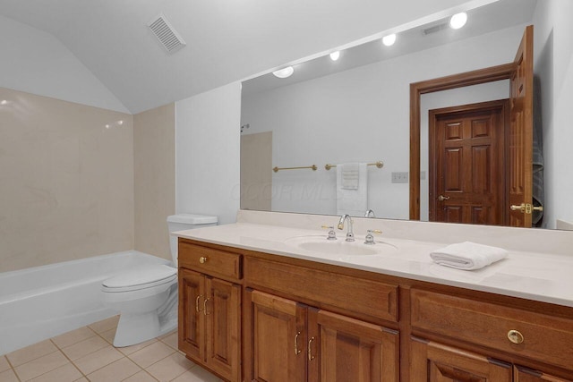 full bathroom with vanity, tile patterned floors, toilet, visible vents, and vaulted ceiling
