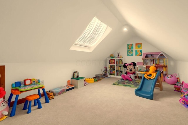 recreation room with carpet and lofted ceiling with skylight