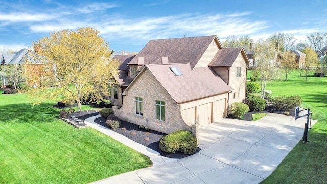 view of property exterior with driveway, roof with shingles, a yard, and an attached garage