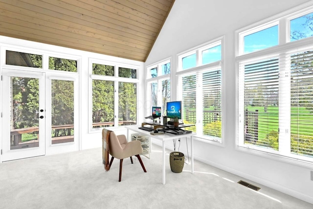 sunroom / solarium with carpet flooring, visible vents, vaulted ceiling, wood ceiling, and french doors