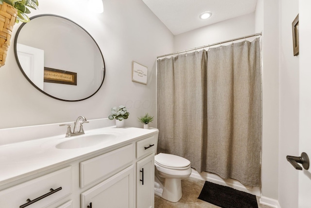 bathroom featuring tile patterned flooring, vanity, recessed lighting, toilet, and shower / bath combination with curtain