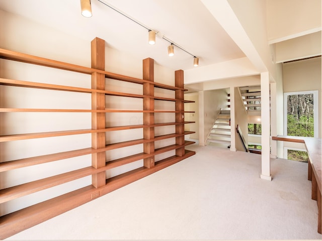basement with track lighting, stairway, and carpet flooring