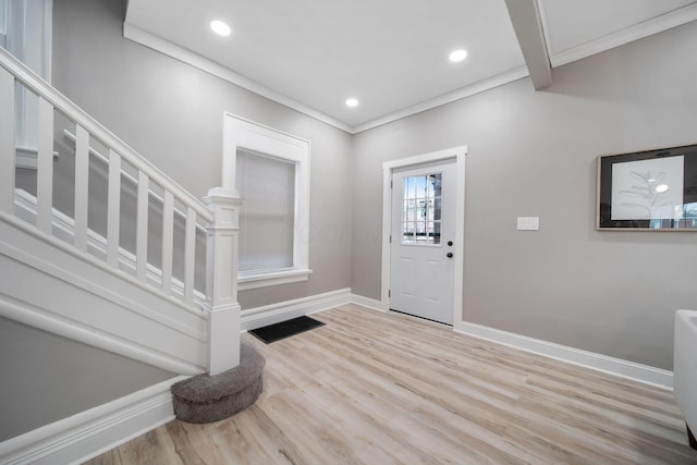 entryway featuring stairs, recessed lighting, baseboards, visible vents, and wood finished floors