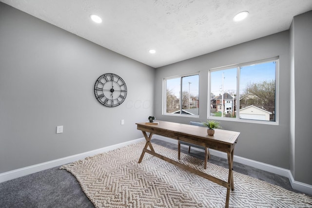 carpeted home office featuring baseboards, recessed lighting, and a textured ceiling