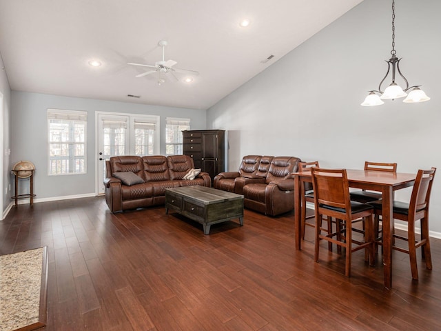 6088 Sowerby Ln, Westerville, OH 43081 - living room featuring high vaulted ceiling, baseboards, recessed lighting, a ceiling fan, and dark wood finished floors