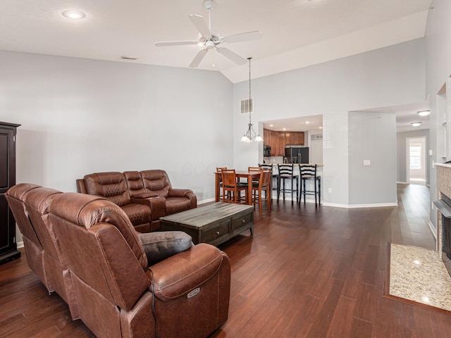 6088 Sowerby Ln, Westerville, OH 43081 - living room featuring baseboards, visible vents, ceiling fan, and dark wood-type flooring