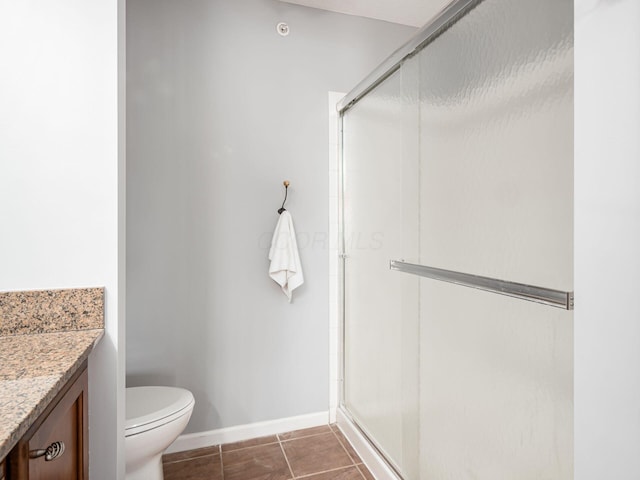 6088 Sowerby Ln, Westerville, OH 43081 - bathroom featuring a stall shower, toilet, vanity, tile patterned flooring, and baseboards