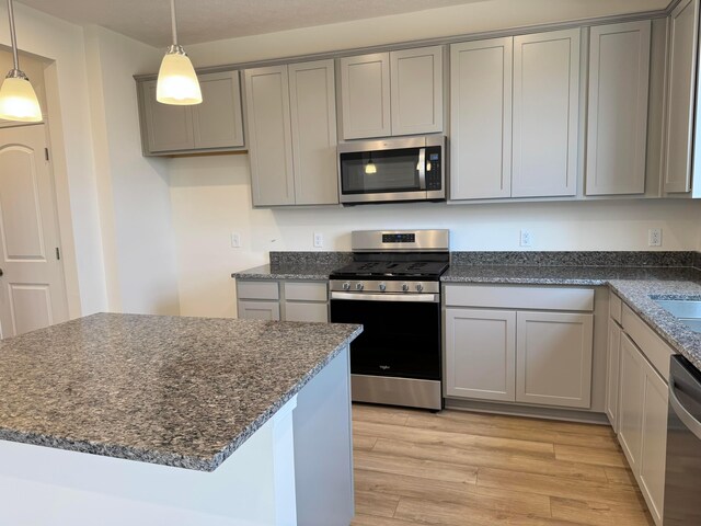 280 Dowler Dr Lot 349, South Bloomfield, OH 43103 - kitchen featuring stainless steel appliances, gray cabinetry, light wood-type flooring, and dark stone counters