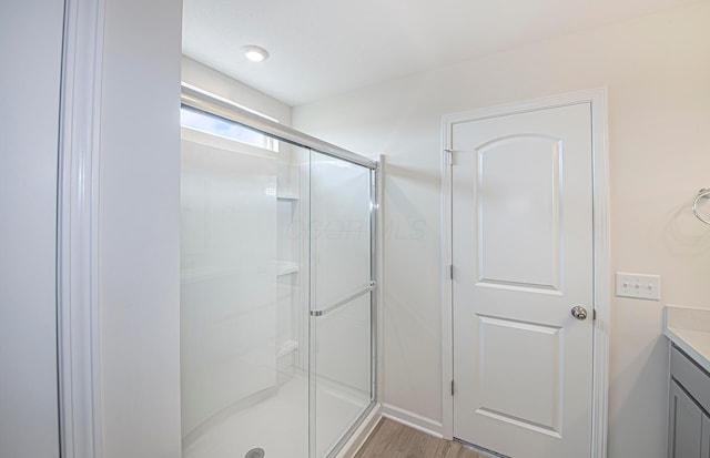 280 Dowler Dr Lot 349, South Bloomfield, OH 43103 - full bathroom featuring a stall shower, vanity, and wood finished floors