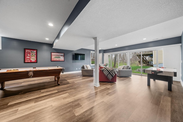 rec room featuring decorative columns, recessed lighting, wood finished floors, baseboards, and billiards