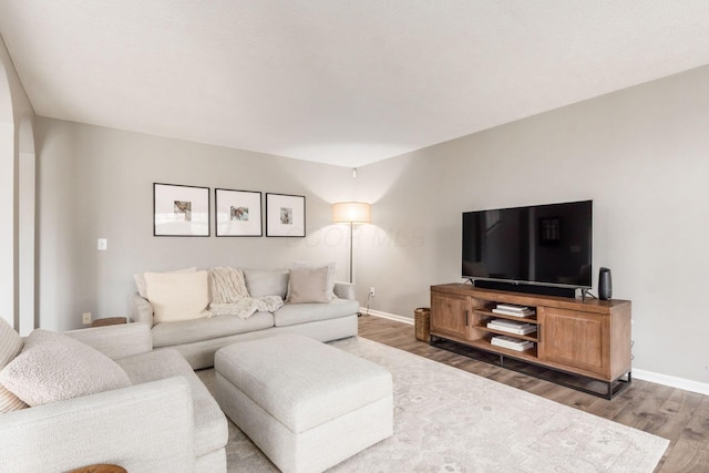 living room with baseboards and wood finished floors
