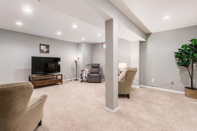living area with light colored carpet, baseboards, and recessed lighting