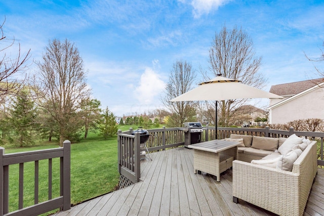 wooden deck with a yard, area for grilling, and an outdoor living space