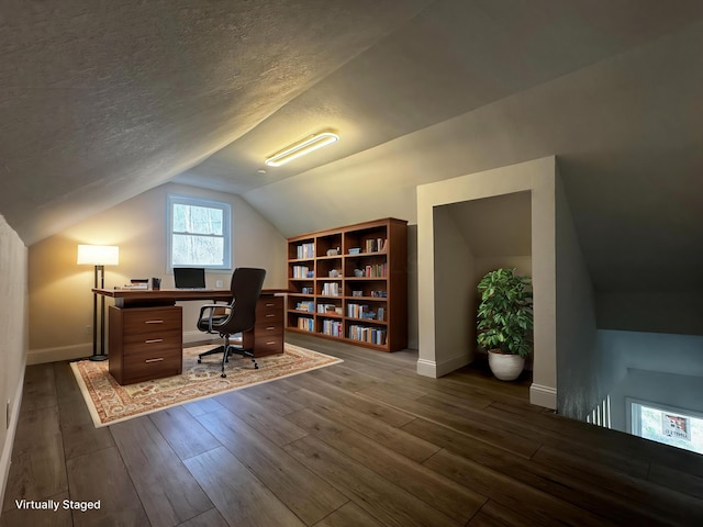 9808 Alderman Rd, Millfield, OH 45761 - office with baseboards, lofted ceiling, dark wood-type flooring, and a textured ceiling