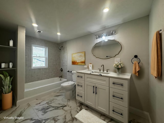 9808 Alderman Rd, Millfield, OH 45761 - full bathroom featuring toilet, vanity,  shower combination, marble finish floor, and recessed lighting