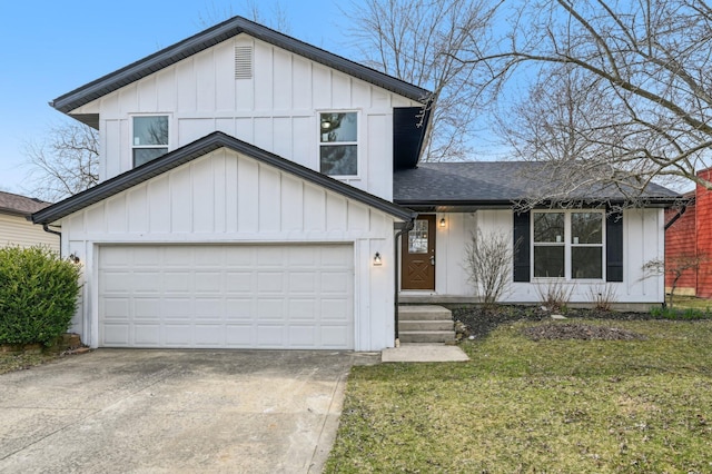 view of front facade featuring roof with shingles, board and batten siding, and concrete driveway