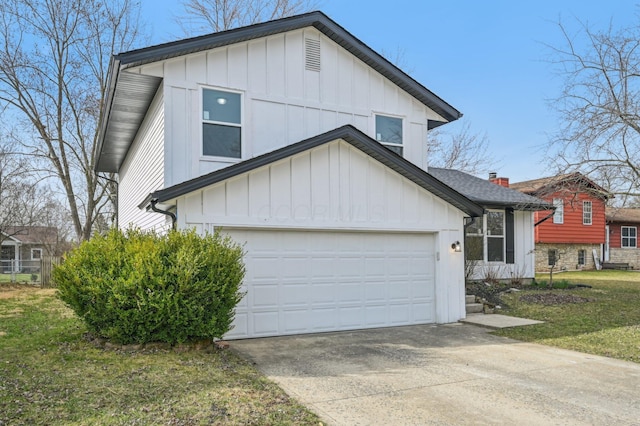view of front of property with a garage, a front lawn, board and batten siding, and concrete driveway