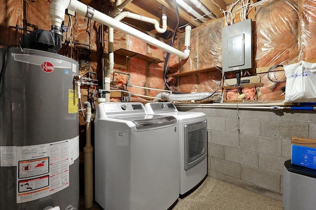 572 Sycamore Dr, Pickerington, OH 43147 - laundry area with gas water heater, washer and dryer, electric panel, and concrete block wall