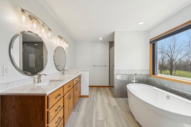 full bathroom featuring a sink, a freestanding bath, tile walls, and double vanity