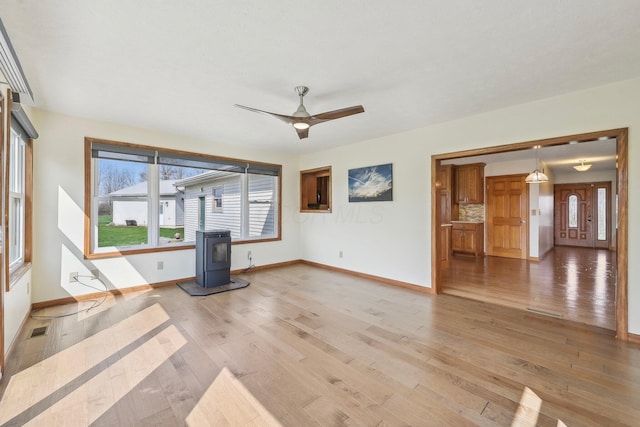 unfurnished living room featuring visible vents, baseboards, a wood stove, ceiling fan, and light wood-style flooring