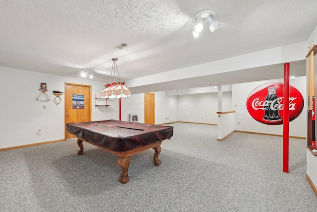rec room featuring pool table, baseboards, a textured ceiling, visible vents, and carpet