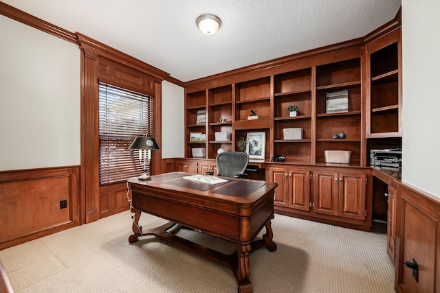 4568 Hickory Rock Dr, Powell, OH 43065 - home office featuring wainscoting, light carpet, and built in study area