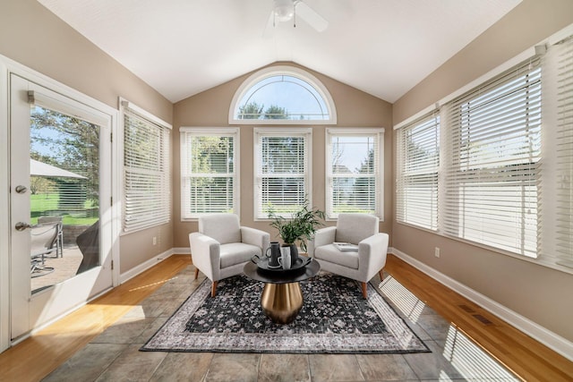 4568 Hickory Rock Dr, Powell, OH 43065 - interior space with vaulted ceiling, visible vents, wood finished floors, baseboards, and ceiling fan