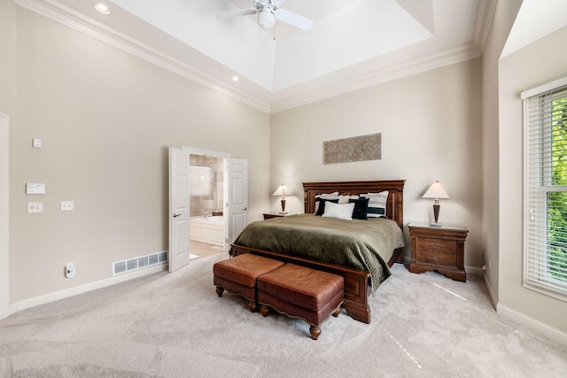 4568 Hickory Rock Dr, Powell, OH 43065 - carpeted bedroom with visible vents, crown molding, baseboards, and connected bathroom