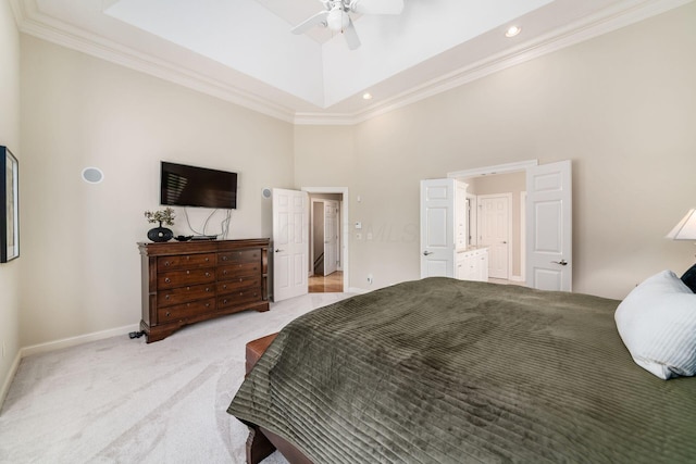 4568 Hickory Rock Dr, Powell, OH 43065 - bedroom with a tray ceiling, a towering ceiling, light colored carpet, baseboards, and ornamental molding