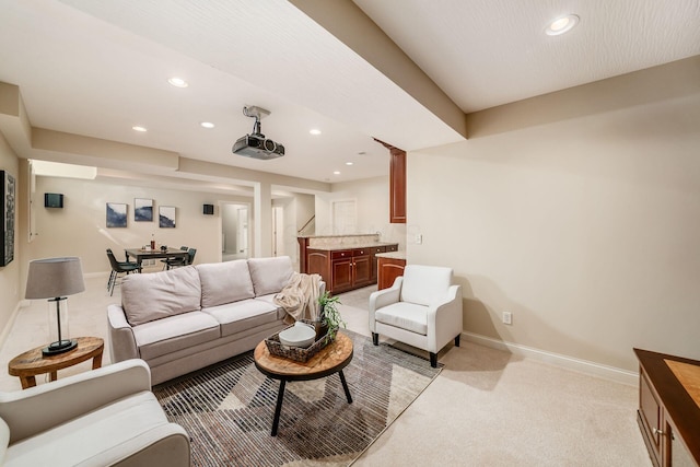 4568 Hickory Rock Dr, Powell, OH 43065 - living area featuring recessed lighting, light colored carpet, baseboards, and bar