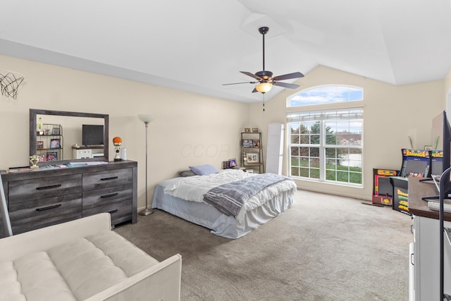 carpeted bedroom featuring a ceiling fan and lofted ceiling