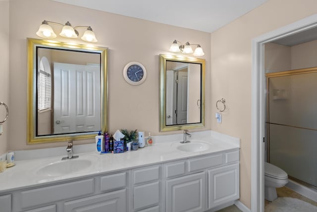 bathroom featuring a sink, double vanity, and a stall shower